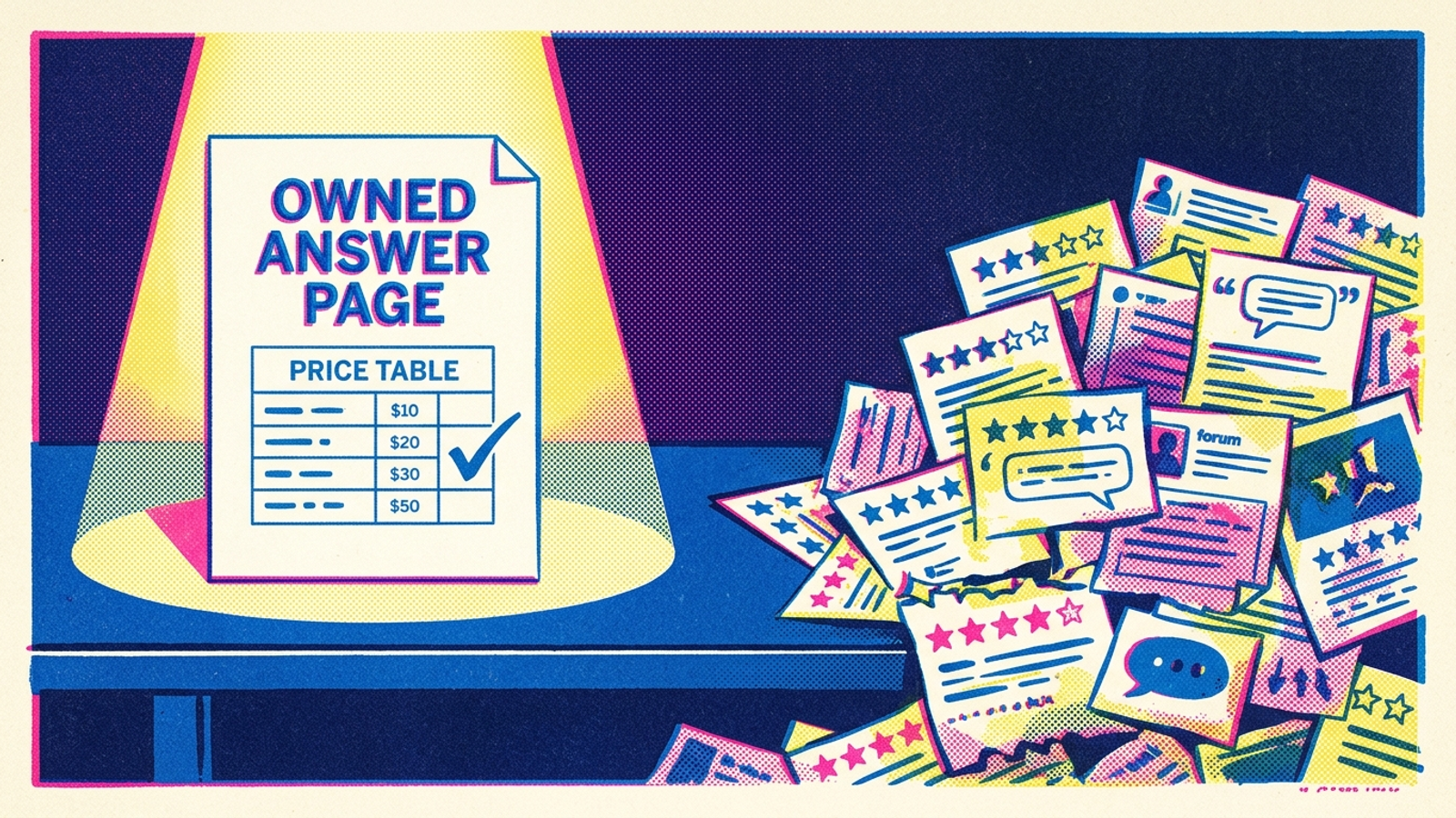 An owned answer page beside a cluster of third-party mentions