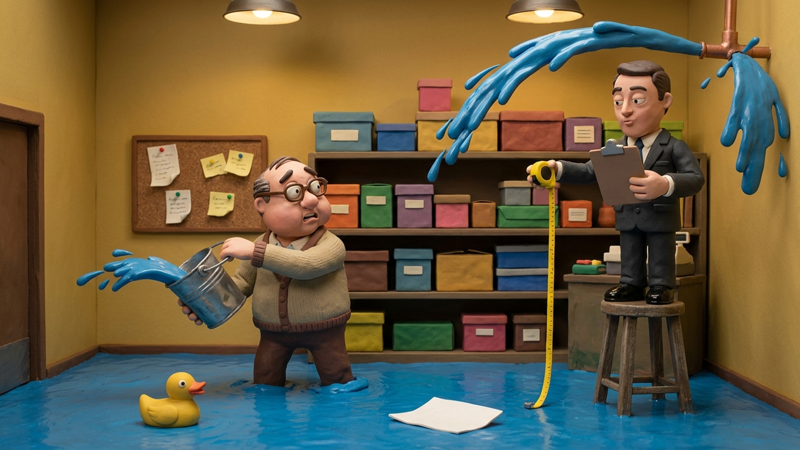 Clay shop owner bails a flood with a bucket while a suited consultant on a dry stool just measures the water, ignoring the burst pipe.