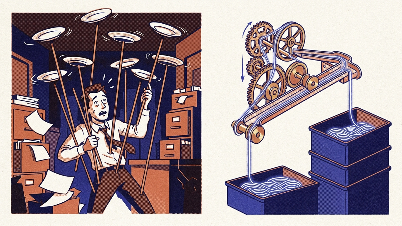 A worker juggling spinning plates beside a clockwork mechanism routing data.