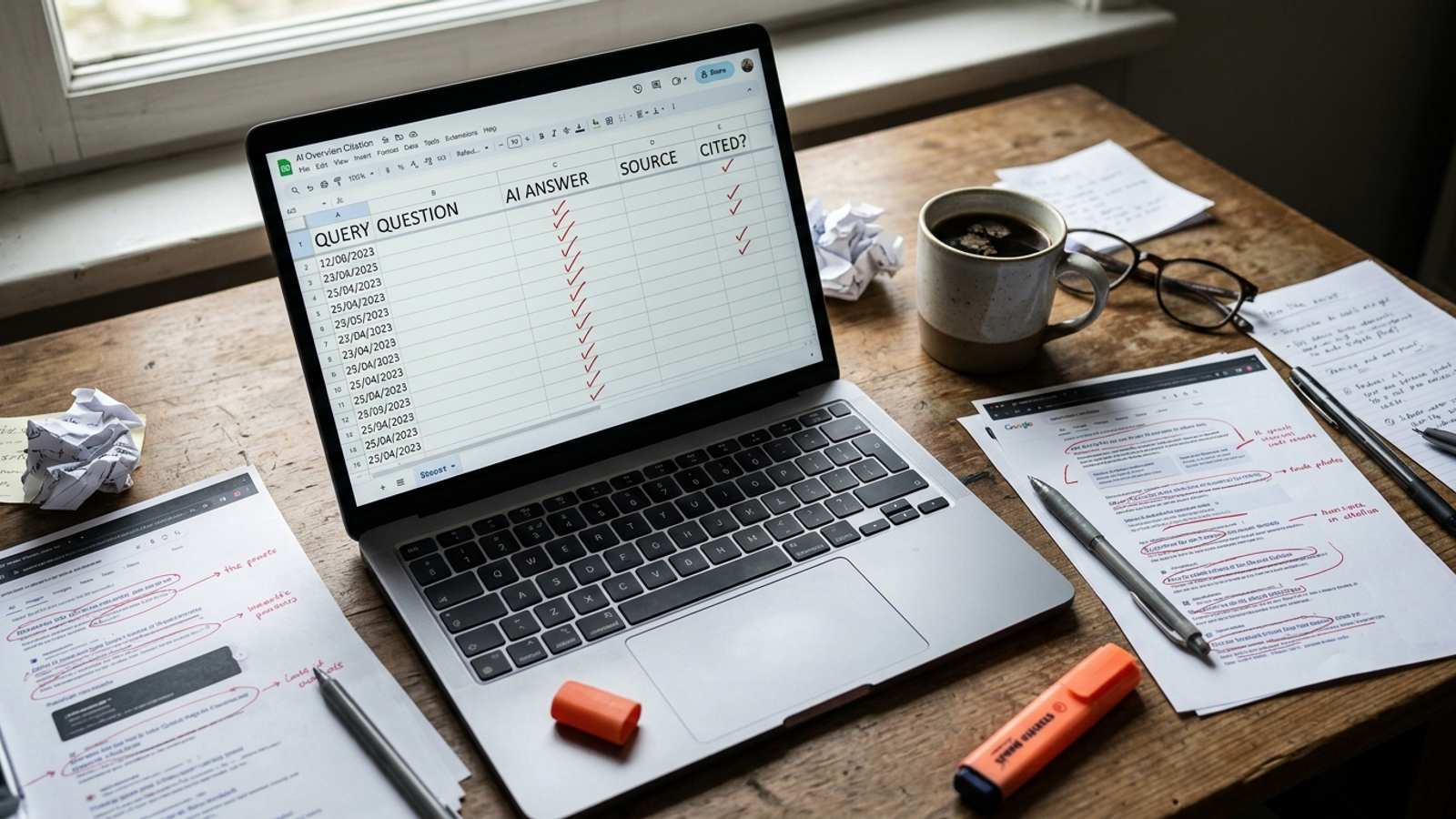 Photograph of a spreadsheet and coffee beside a log of repeated AI Overview checks