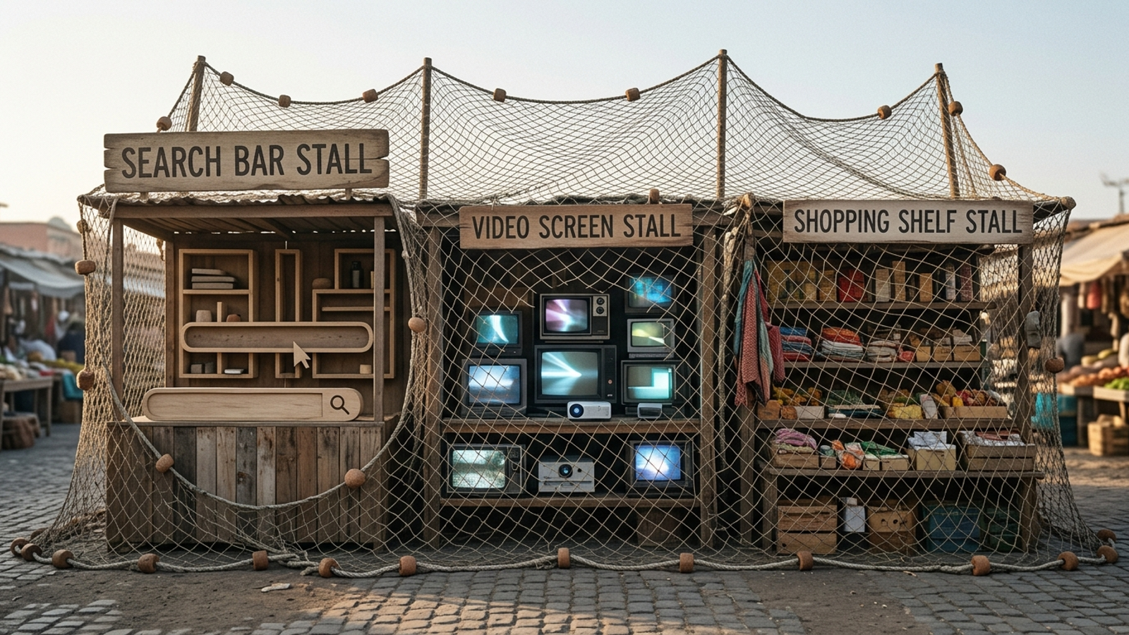 Surreal fishing net covering search, video and shopping stalls