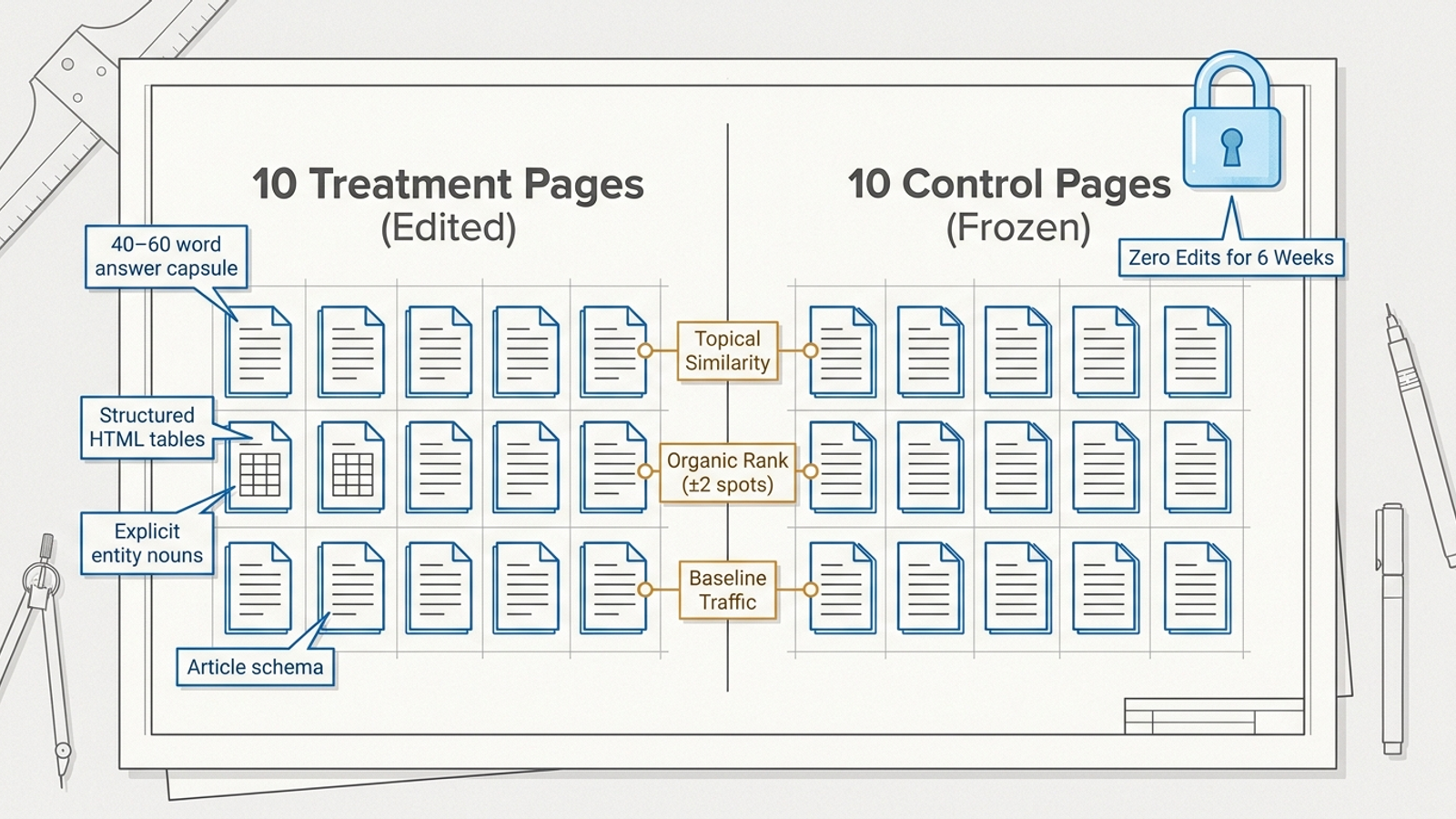 Infographic diagram illustrating the 20-page matched pair test protocol splitting 10 treatment pages from 10 frozen control pages across three matching criteria